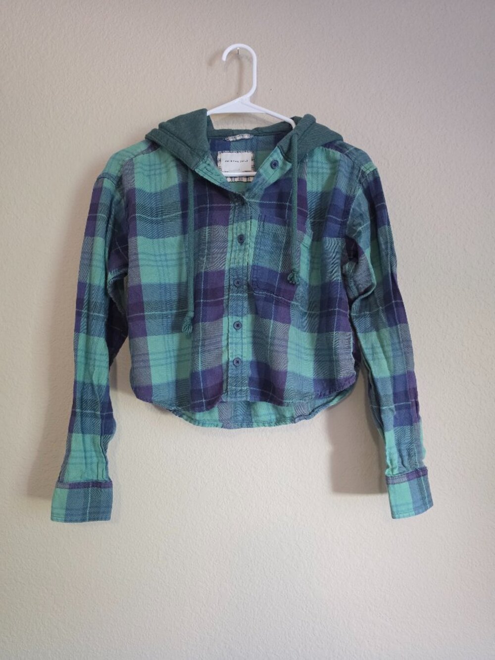 American Eagle Women's Cropped, Hooded Flannel Button-Down Shirt, Size XXS